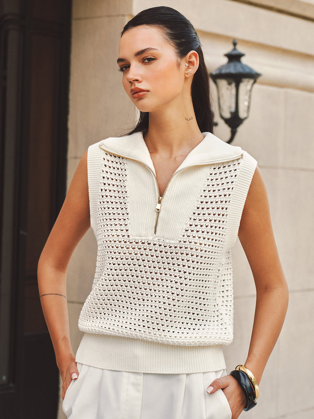 Open-Knit Half-Zip Sleeveless Sweater Vest