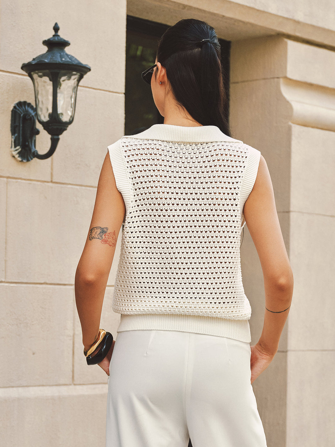 Open-Knit Half-Zip Sleeveless Sweater Vest