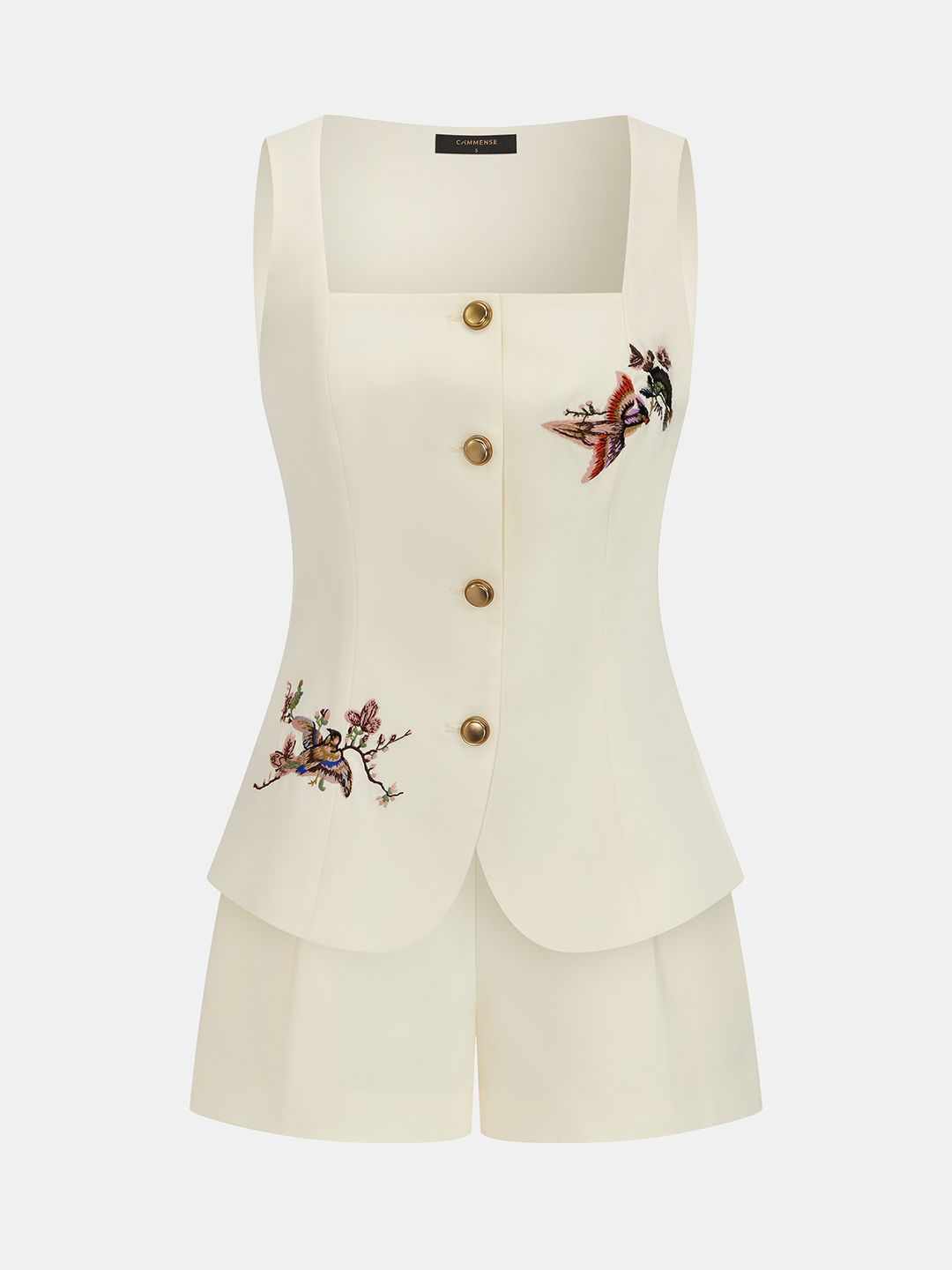 Floral Bird Embroidered Vest & Shorts Set