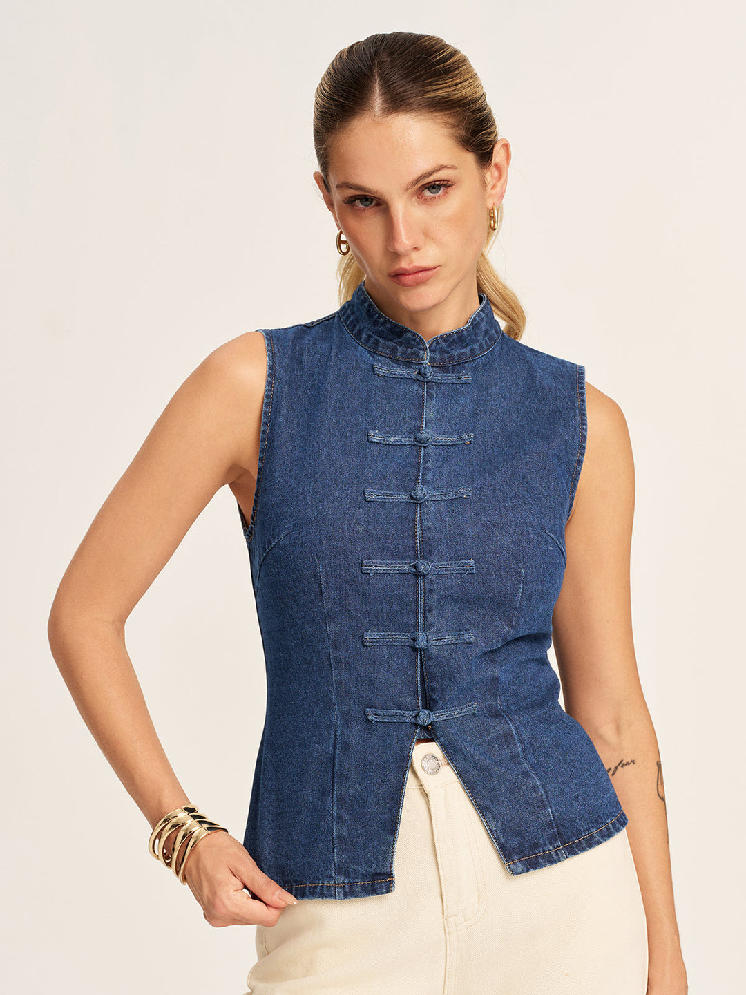 Mandarin Collar Frog Button Denim Vest