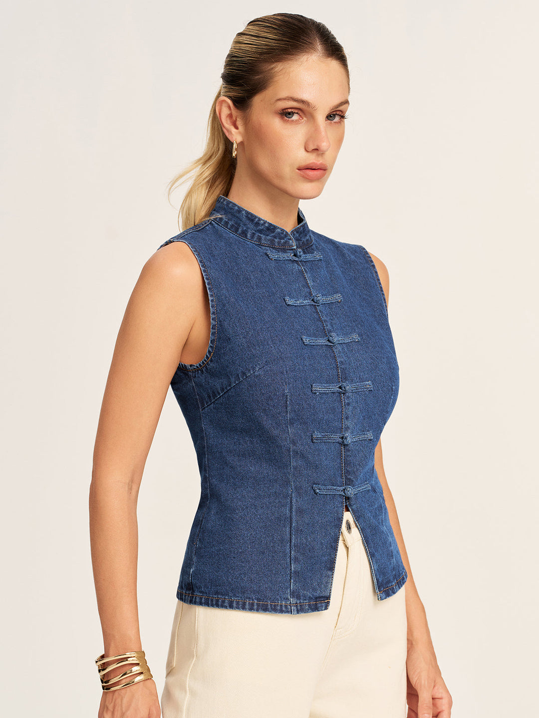 Mandarin Collar Frog Button Denim Vest