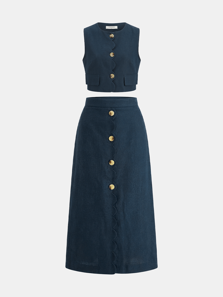 Cotton Linen Scallop Trim Vest & Skirt Set