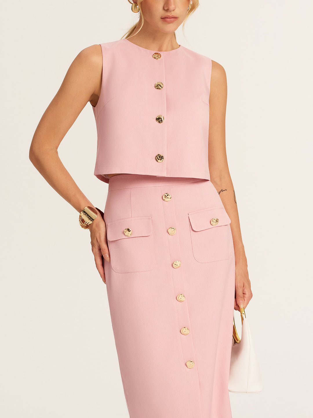 Metal Button Cropped Vest & Midi Skirt Set