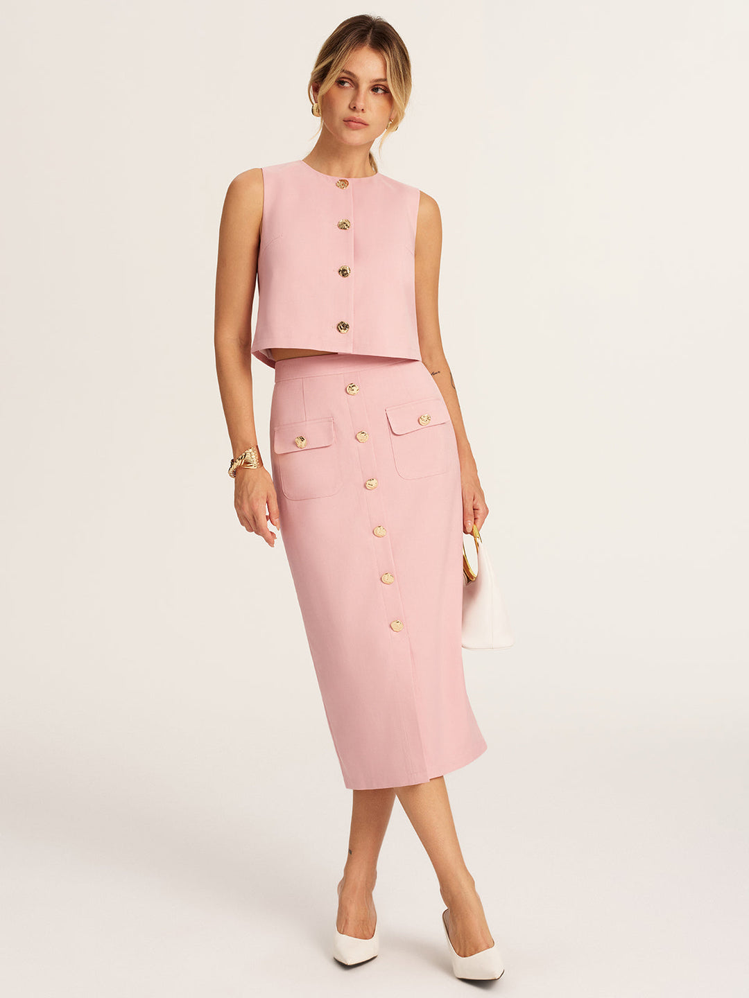 Metal Button Cropped Vest & Midi Skirt Set