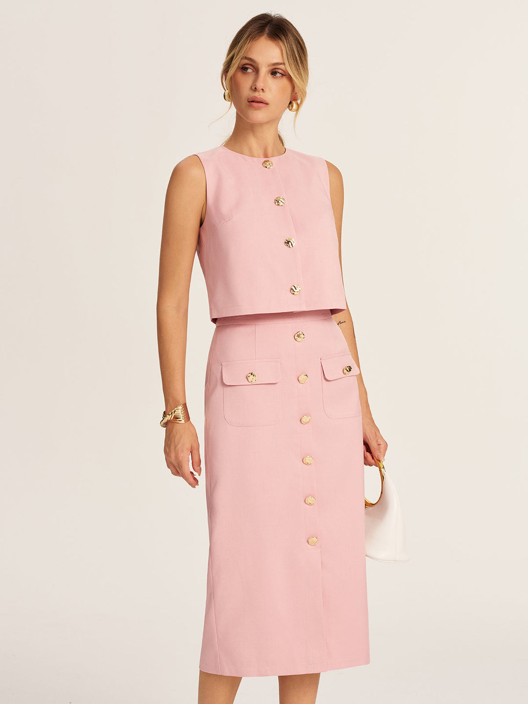 Metal Button Cropped Vest & Midi Skirt Set