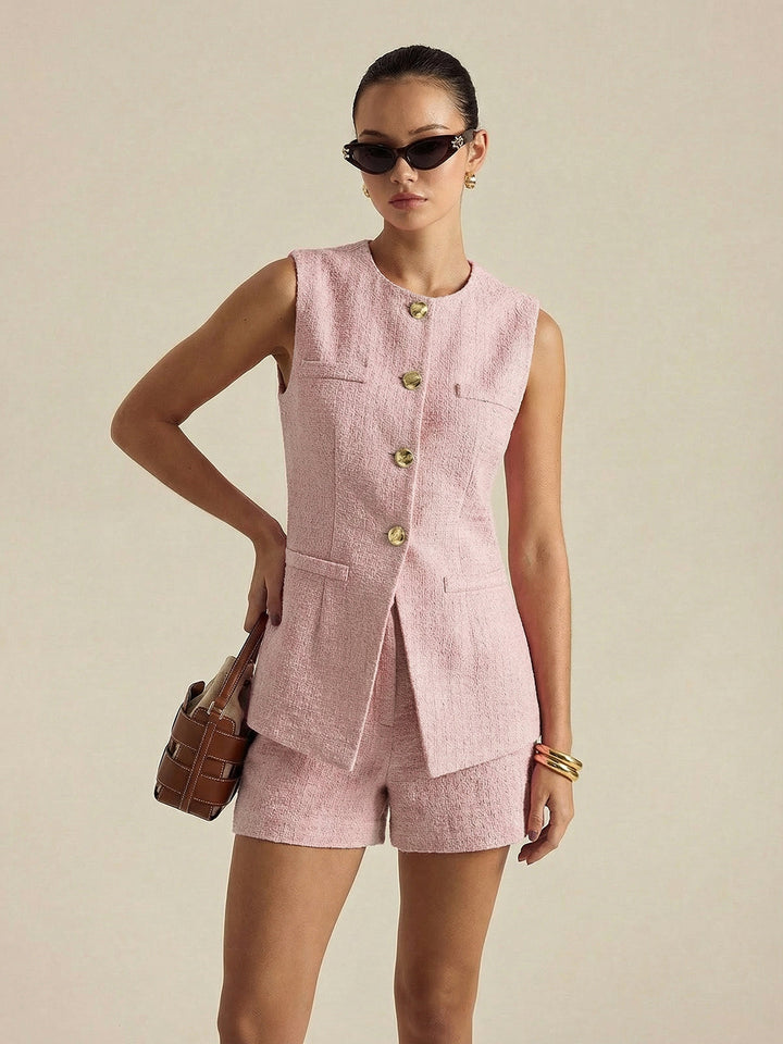 Metal Button Tweed Vest & Shorts Set