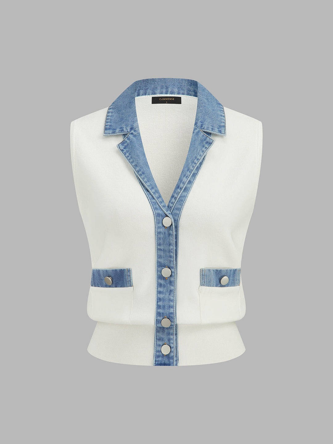 Denim Lapel Patchwork Rib Knit Sleeveless Vest