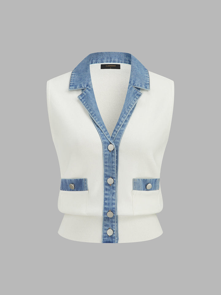 Denim Lapel Patchwork Rib Knit Sleeveless Vest