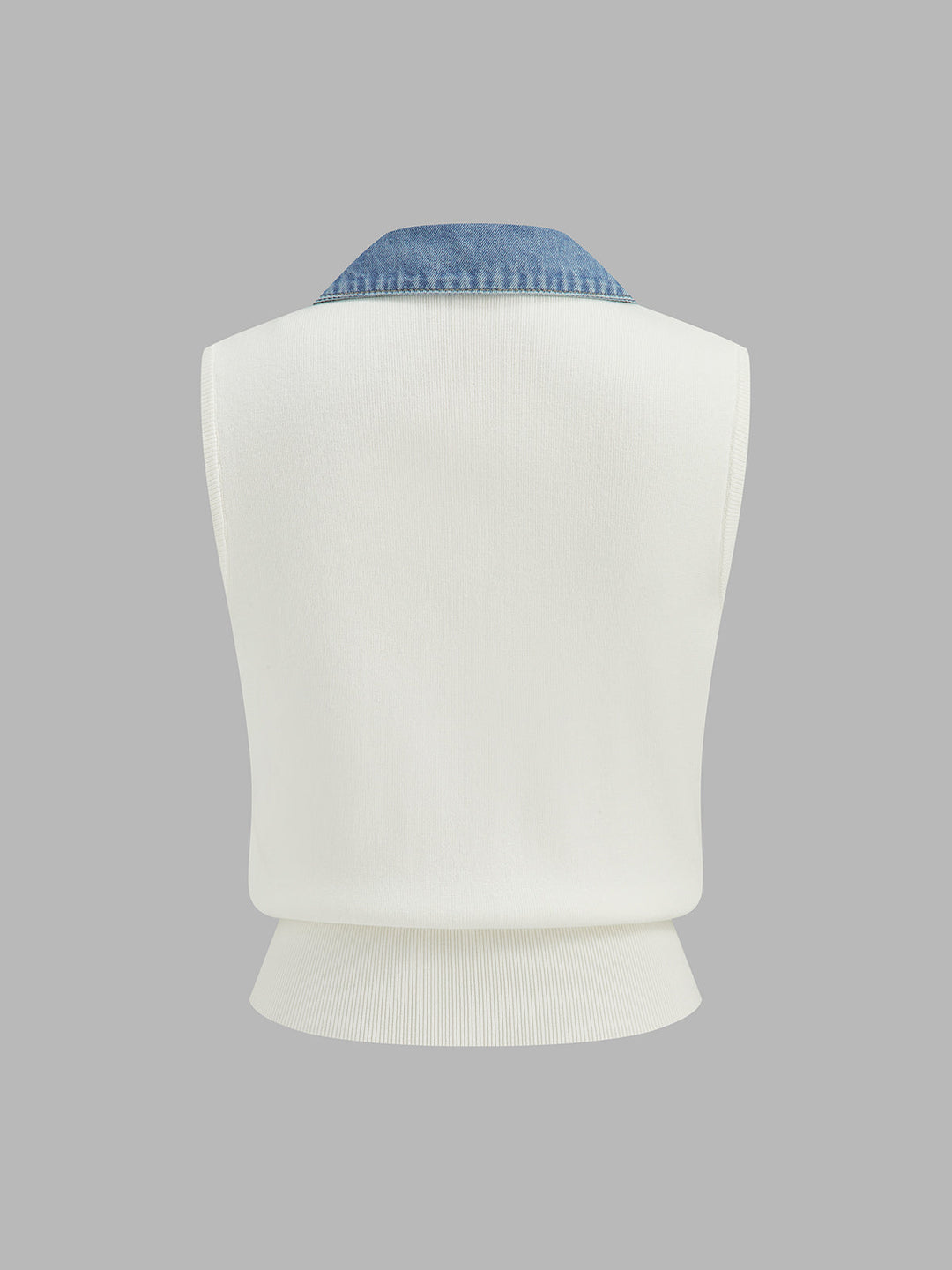 Denim Lapel Patchwork Rib Knit Sleeveless Vest