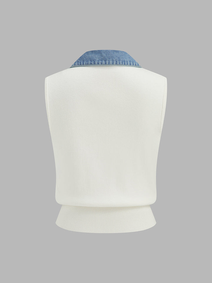Denim Lapel Patchwork Rib Knit Sleeveless Vest