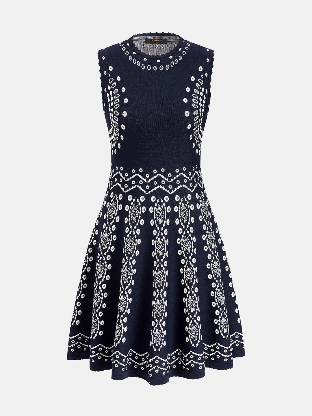 Scallop Trim Ethnic Pattern Knit Mini Dress