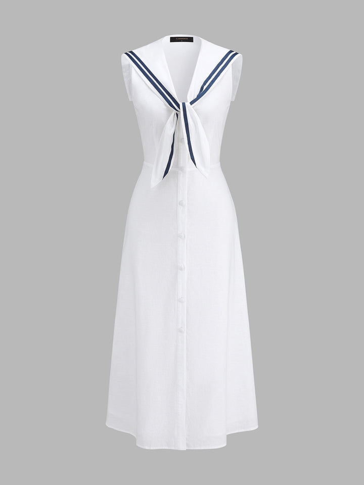 Sleeveless Sailor Collar Cotton Linen Midi Dress