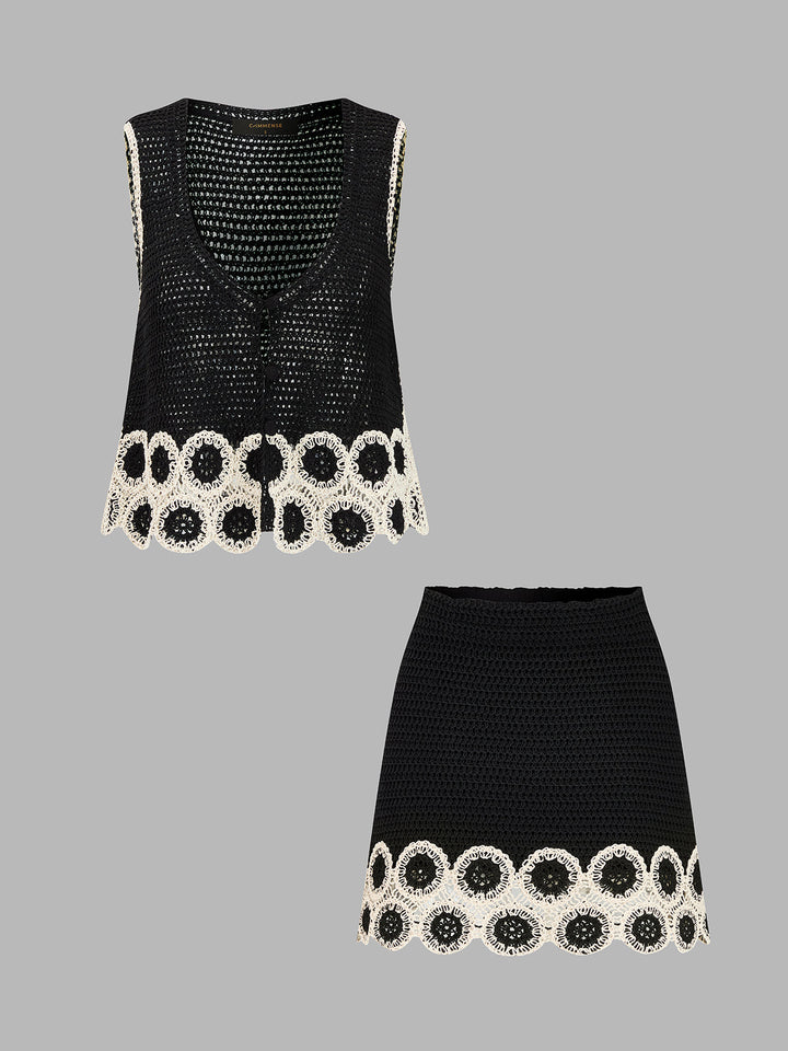 Crochet Lace Trim Sleeveless Vest & Mini Skirt Set