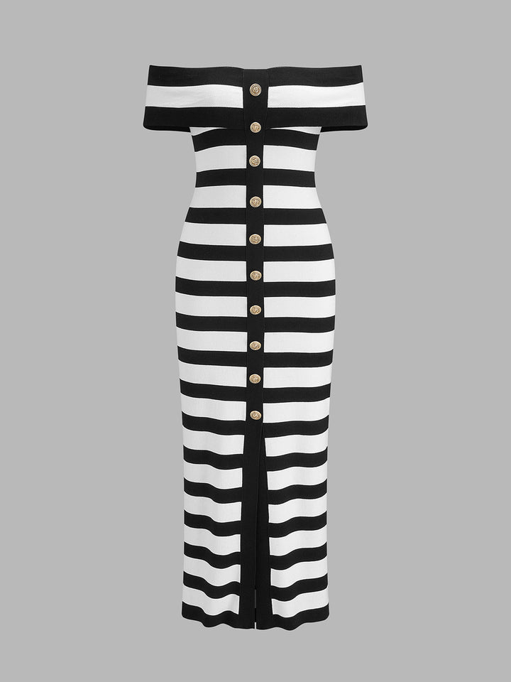 Striped Off Shoulder Knit Midi Dress