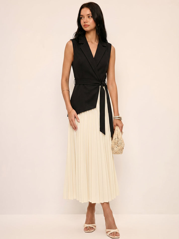 Sleeveless Belted Pleated Blazer Dress