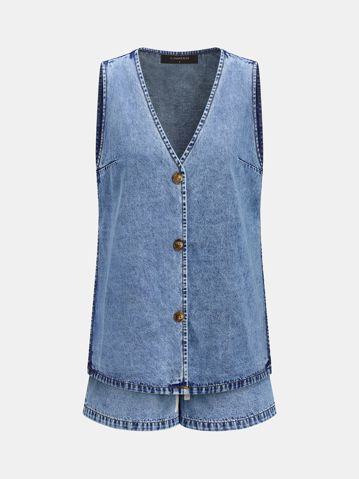 Side Slit Denim Vest & Drawstring Shorts Set