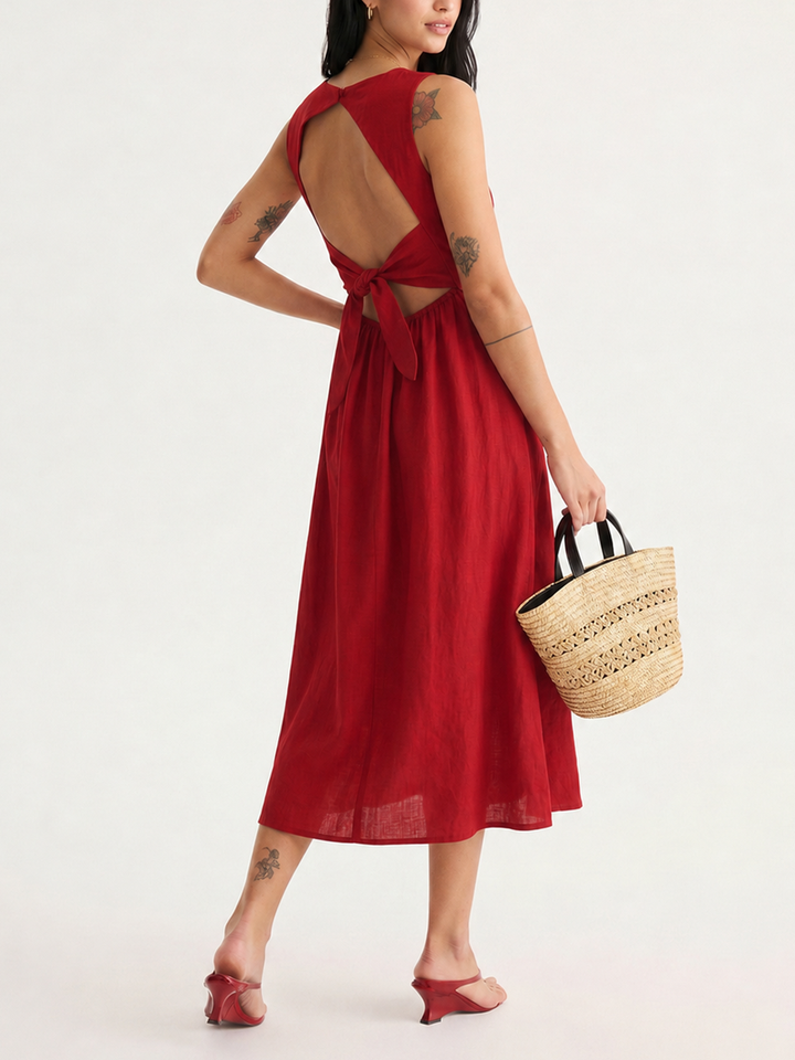 Scalloped Neckline Tie-Back Cotton Maxi Dress