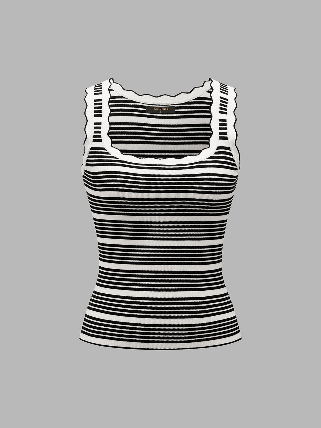 Wavy Trim Striped Ribbed Knit Tank Top
