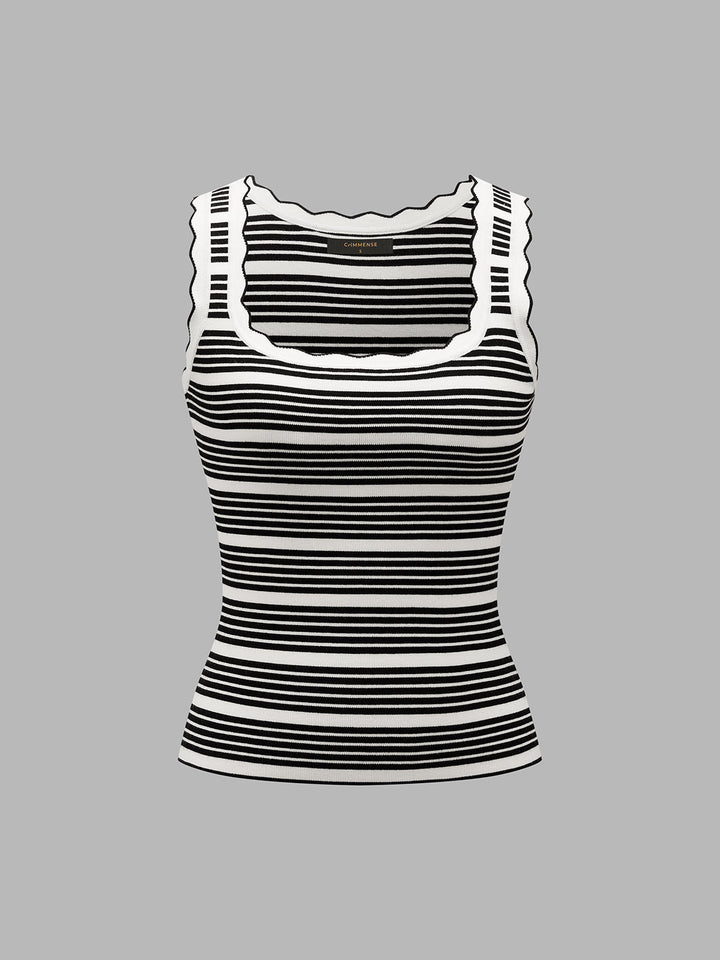 Wavy Trim Striped Ribbed Knit Tank Top