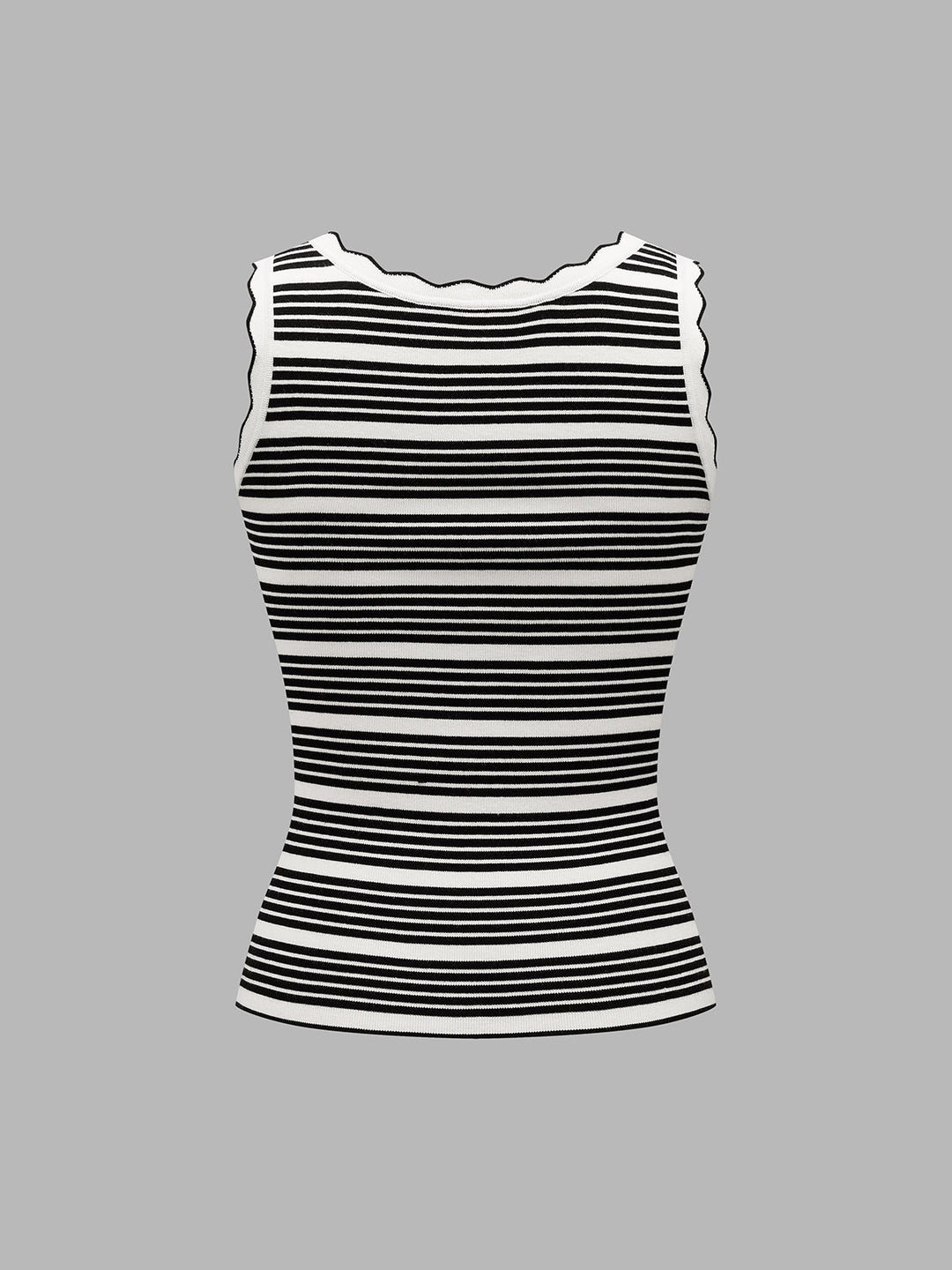 Wavy Trim Striped Ribbed Knit Tank Top