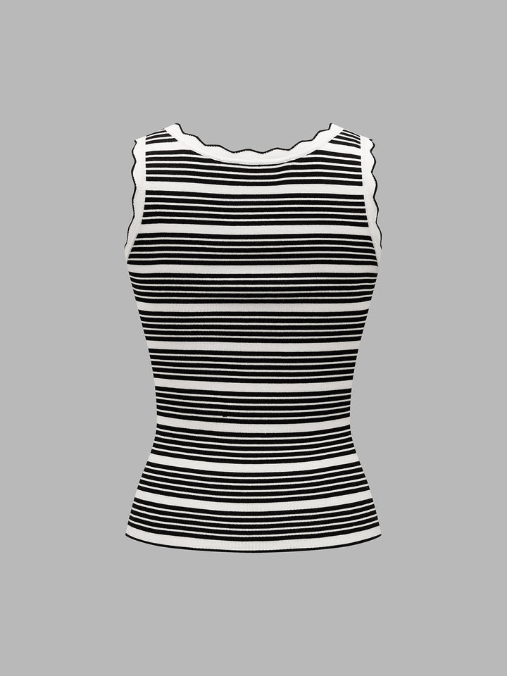Wavy Trim Striped Ribbed Knit Tank Top
