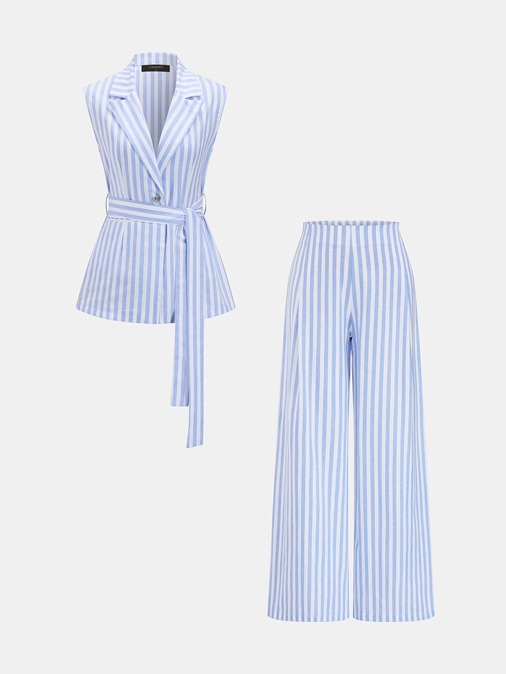 Belted Striped Lapel Vest & Pants Set