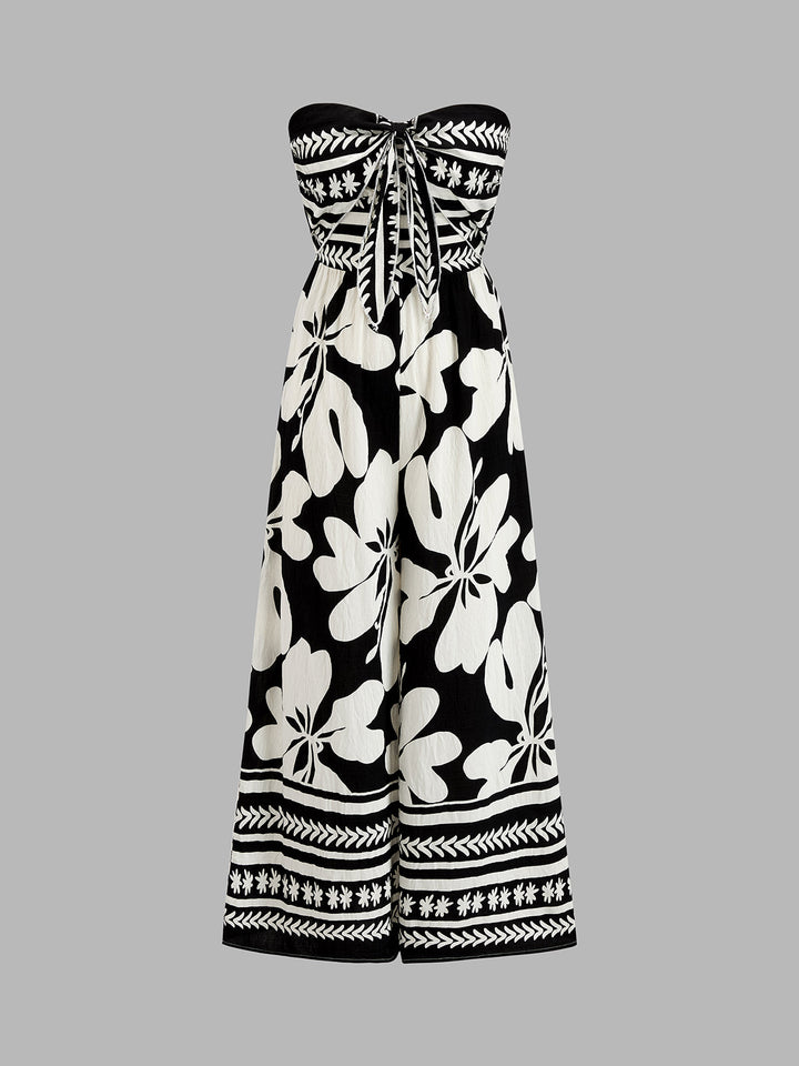 Printed Tie Front Strapless Wide Leg Jumpsuit