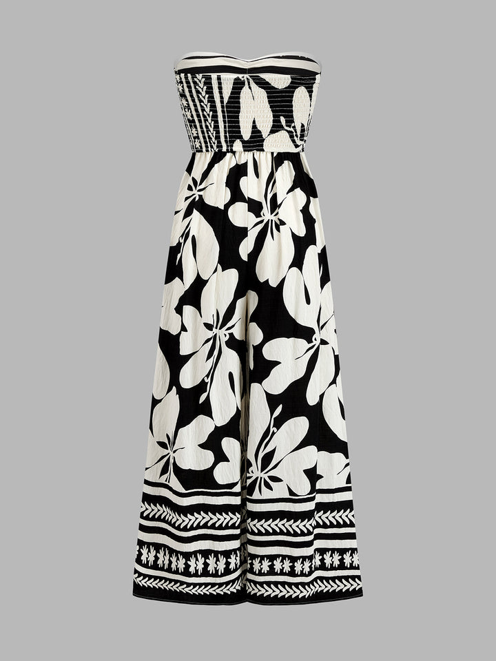 Printed Tie Front Strapless Wide Leg Jumpsuit