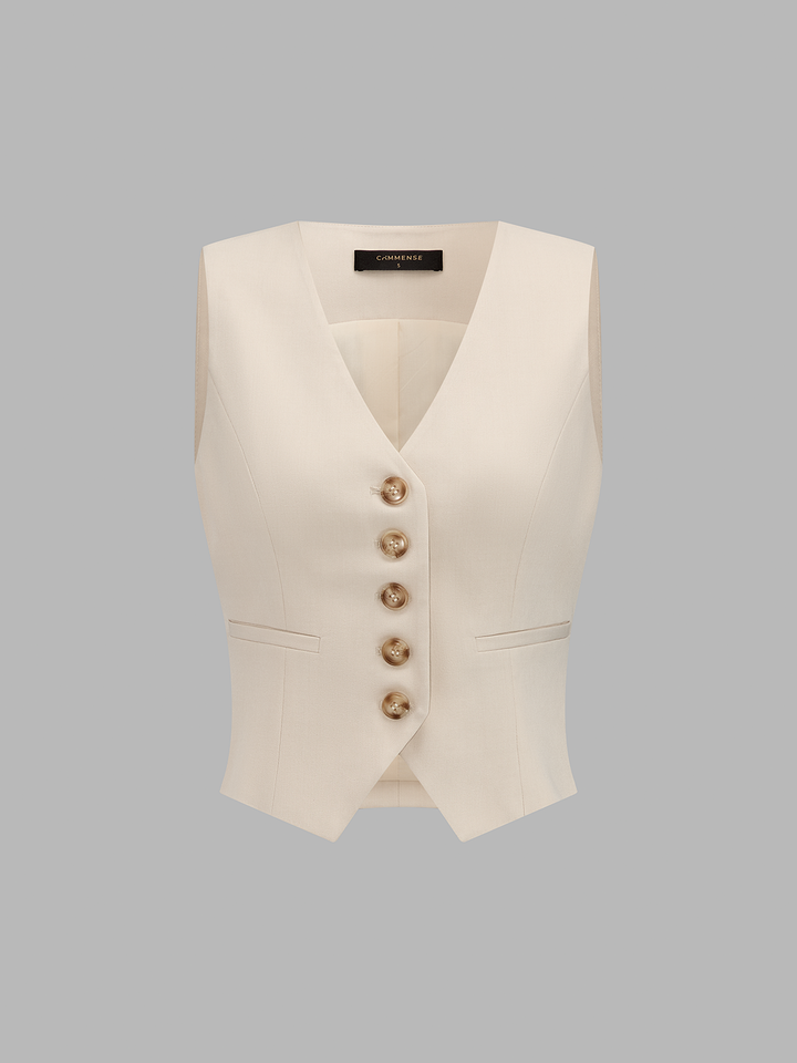V-neck button-front cropped fitted vest and wide-leg trousers set