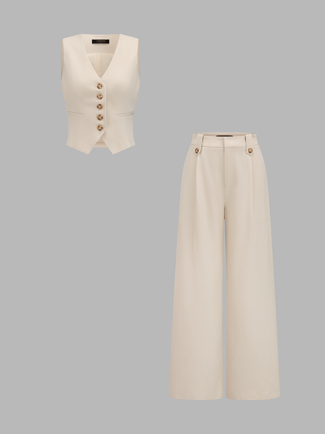 V-neck button-front cropped fitted vest and wide-leg trousers set