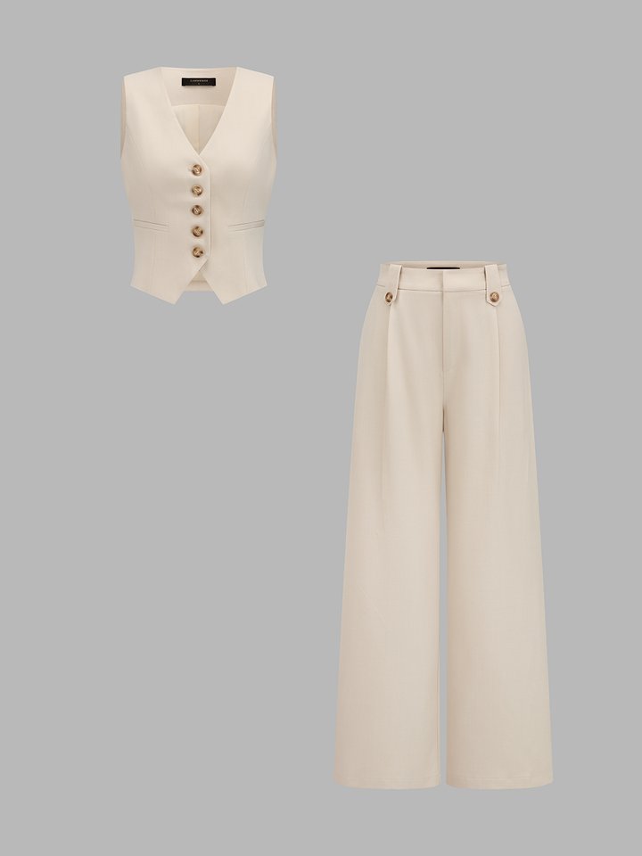 V-neck button-front cropped fitted vest and wide-leg trousers set