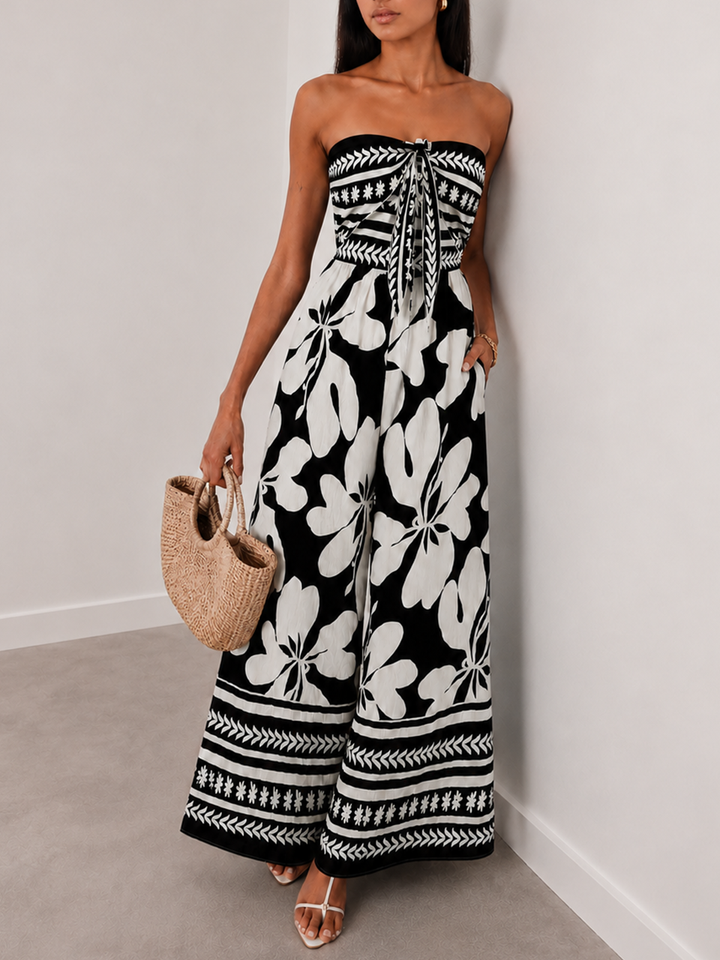 Printed Tie Front Strapless Wide Leg Jumpsuit