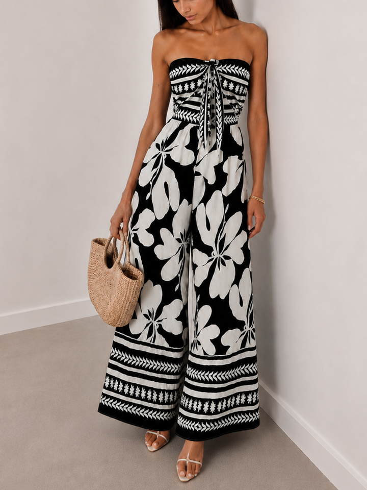 Printed Tie Front Strapless Wide Leg Jumpsuit