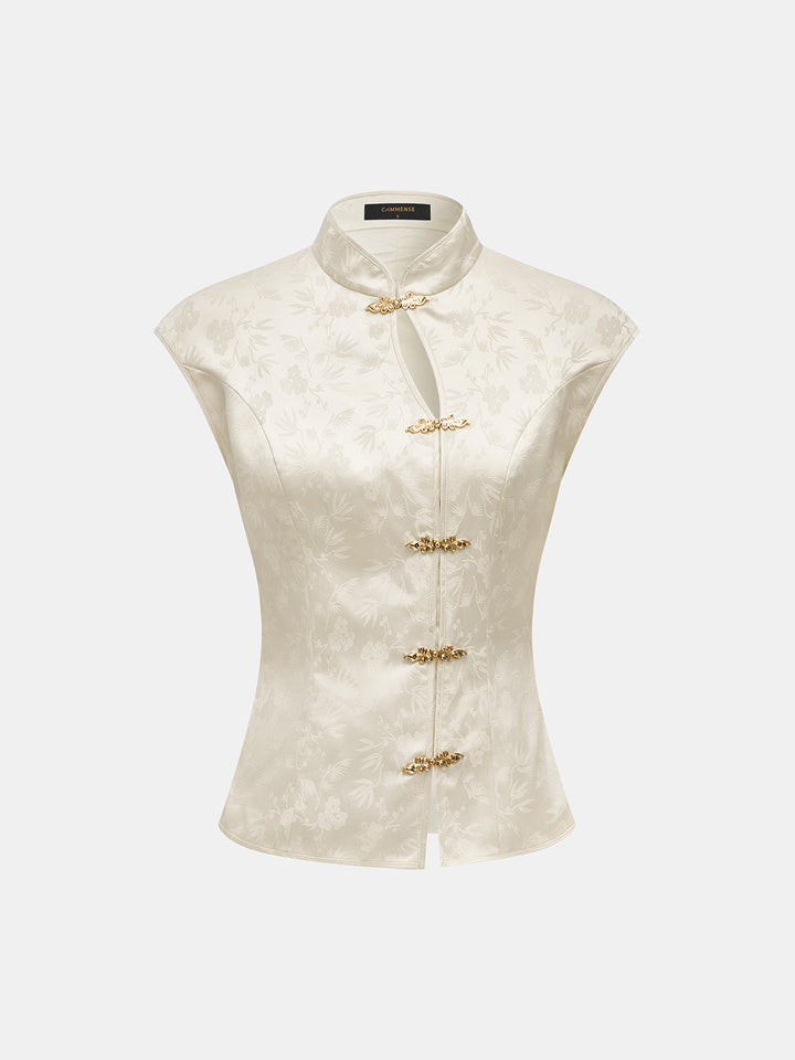 Metal Frog Button Jacquard Sleeveless Vest