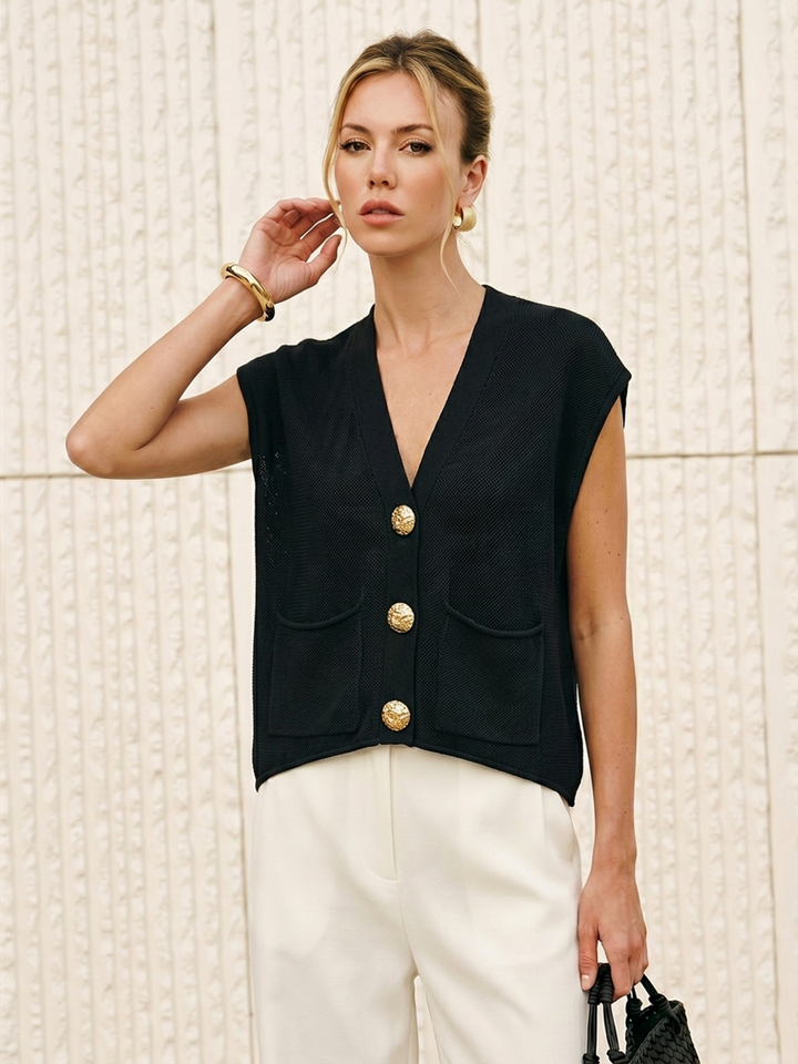 Embossed Button Sleeveless Knit Vest