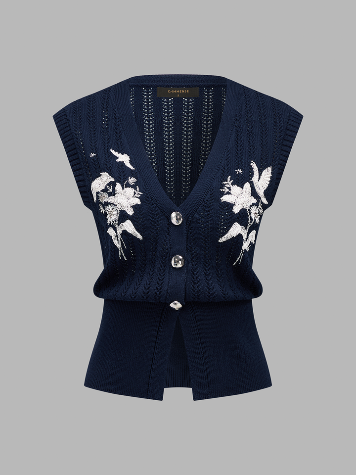 Embroidered Openwork Buttoned Knit Vest