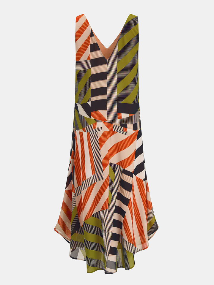 Color Block Striped Asymmetric Midi Dress