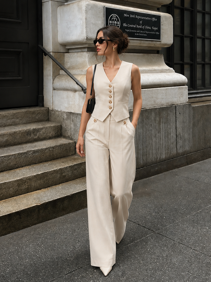 V-neck button-front cropped fitted vest and wide-leg trousers set