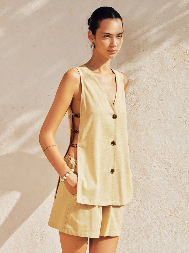 Side Bead Cutout Linen Blend Vest & Shorts Set