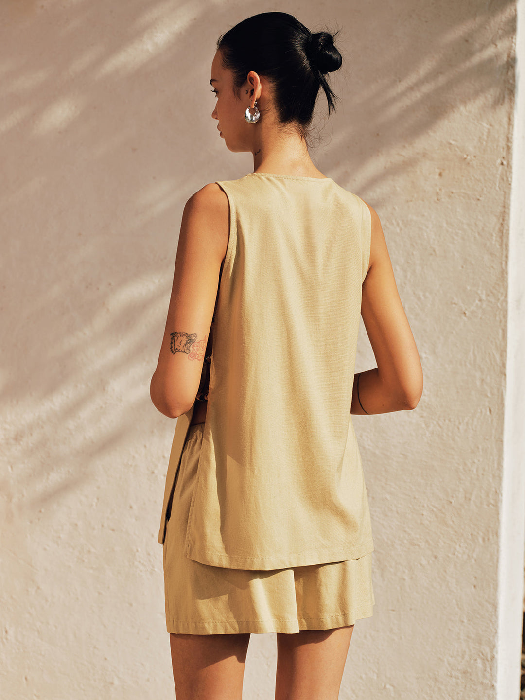 Side Bead Cutout Linen Blend Vest & Shorts Set
