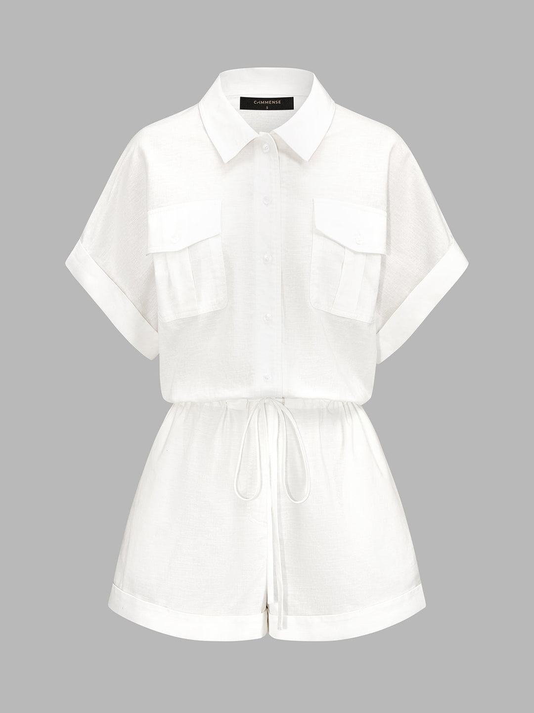 Cotton Linen Pocket Drawstring Shirt Romper