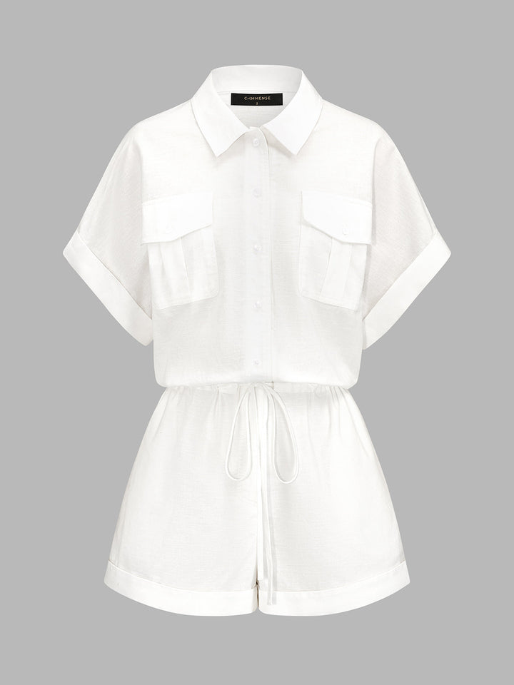 Cotton Linen Pocket Drawstring Shirt Romper