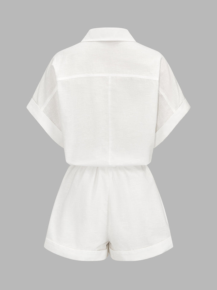 Cotton Linen Pocket Drawstring Shirt Romper