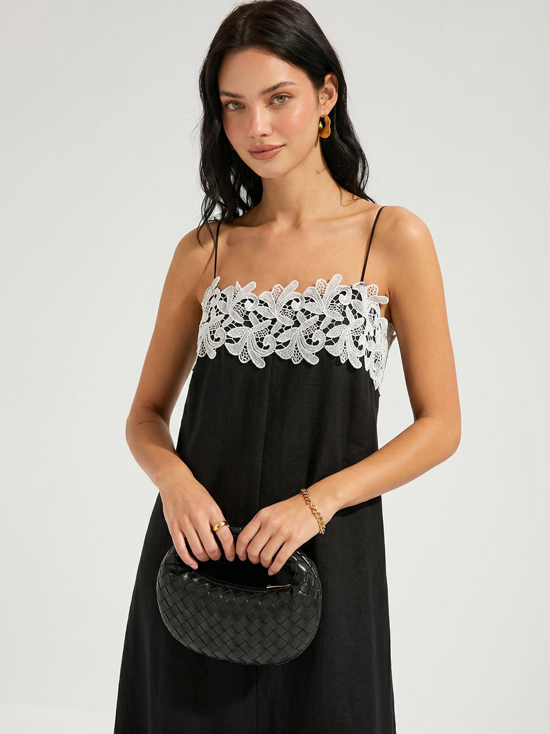 Lace Trim Linen-Blend Cami Maxi Dress