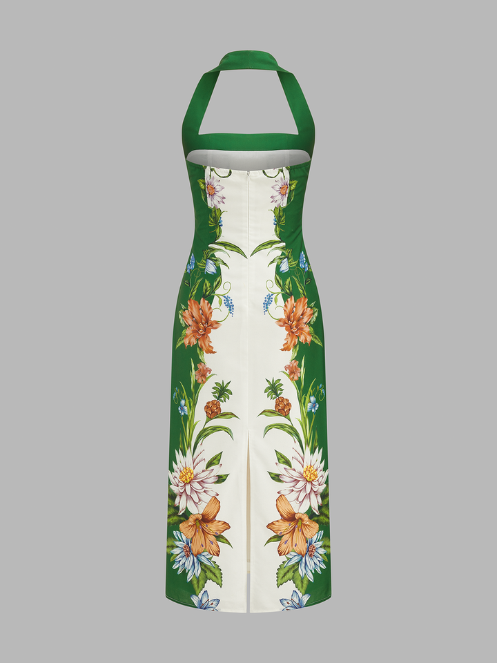 Vintage Botanical Print Halter Midi Dress