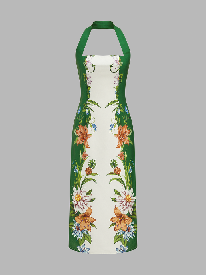 Vintage Botanical Print Halter Midi Dress