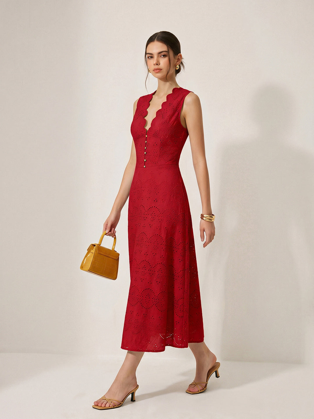 Cotton Sleeveless Embroidered Eyelet Dress with Deep V Neck