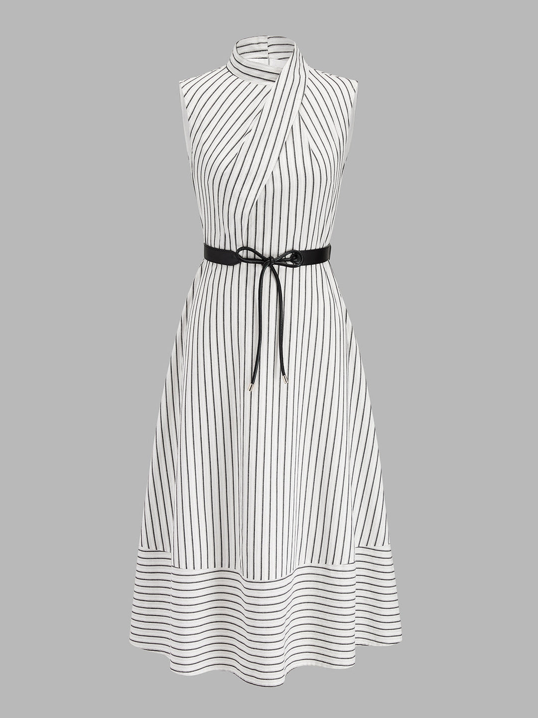 Wrap Collar Striped Belted Midi Dress