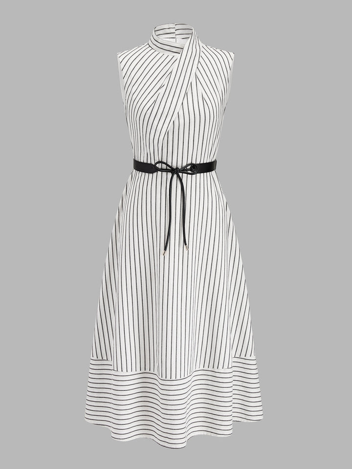 Wrap Collar Striped Belted Midi Dress