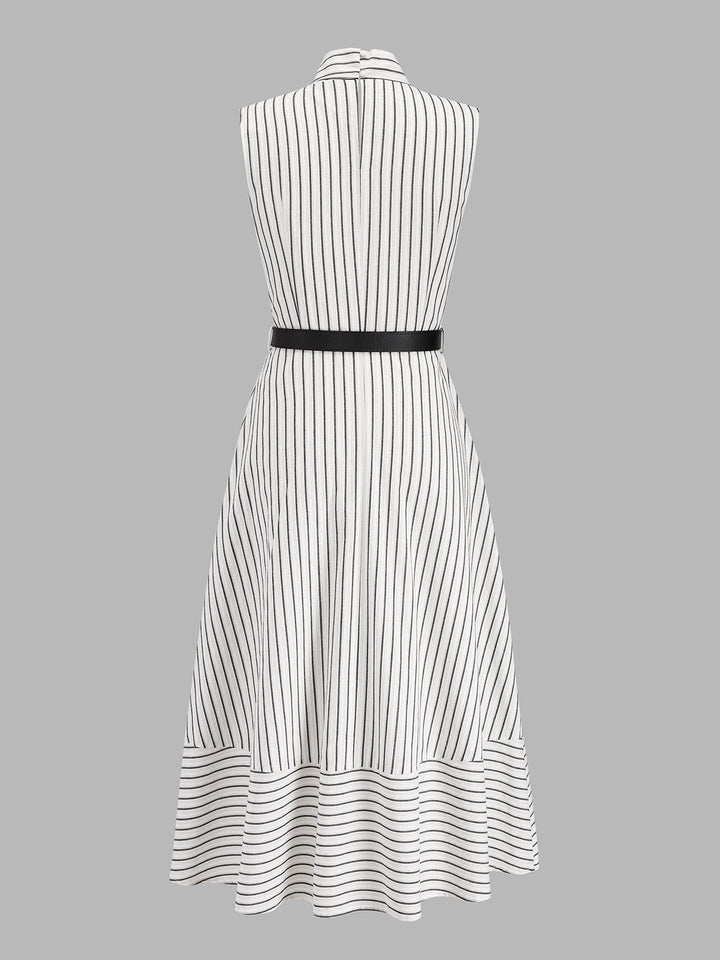 Wrap Collar Striped Belted Midi Dress